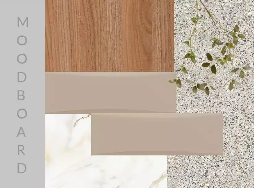Moodboard com amostras de texturas e materiais para orientação de revestimentos.