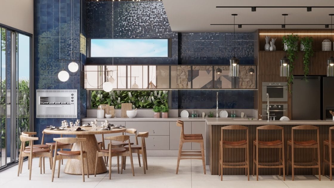 Azul-marinho brilhante de Gouache contrasta com as cores claras e sóbrias da cozinha (Projeto: Alessandra Camargo)