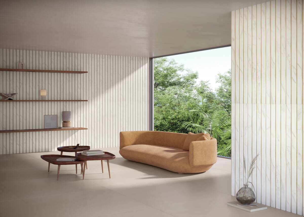 O porcelanato com relevo brinca com texturas e grafismos para proporcionar ambientes inovadores (Projeto: Portobello)