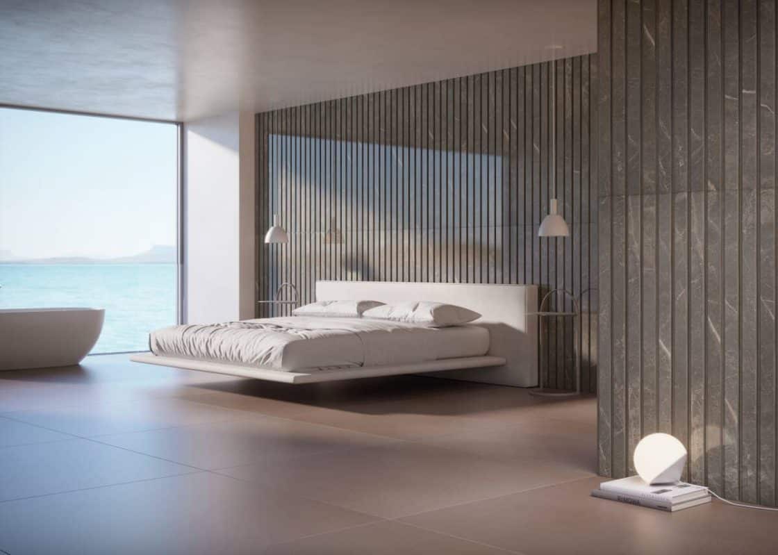 A linha traz porcelanato ripado que reproduz diferentes materiais, como mármore (Projeto: Portobello)