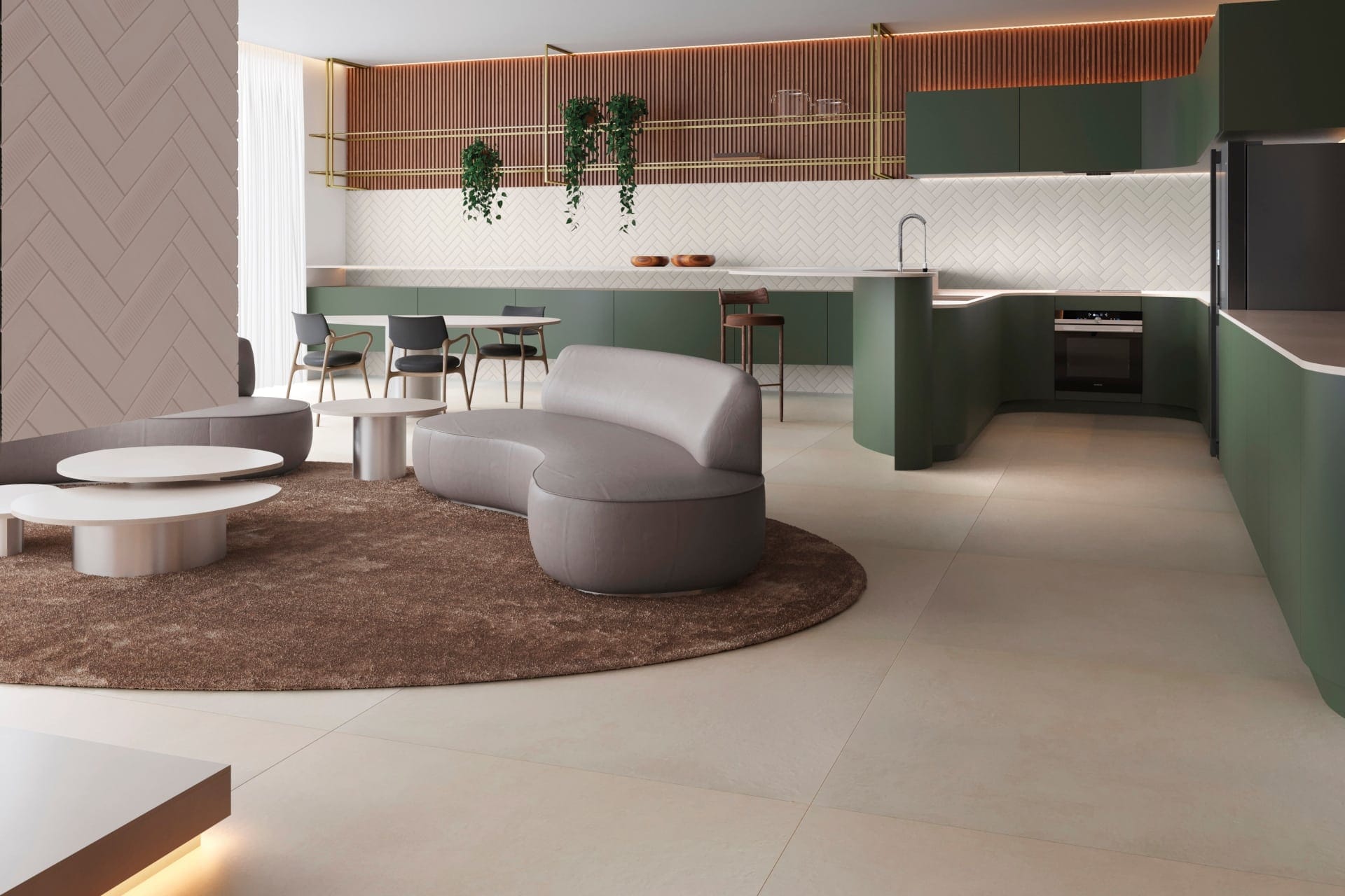 Loft amplo com mobílias em verde e sofá moderno.