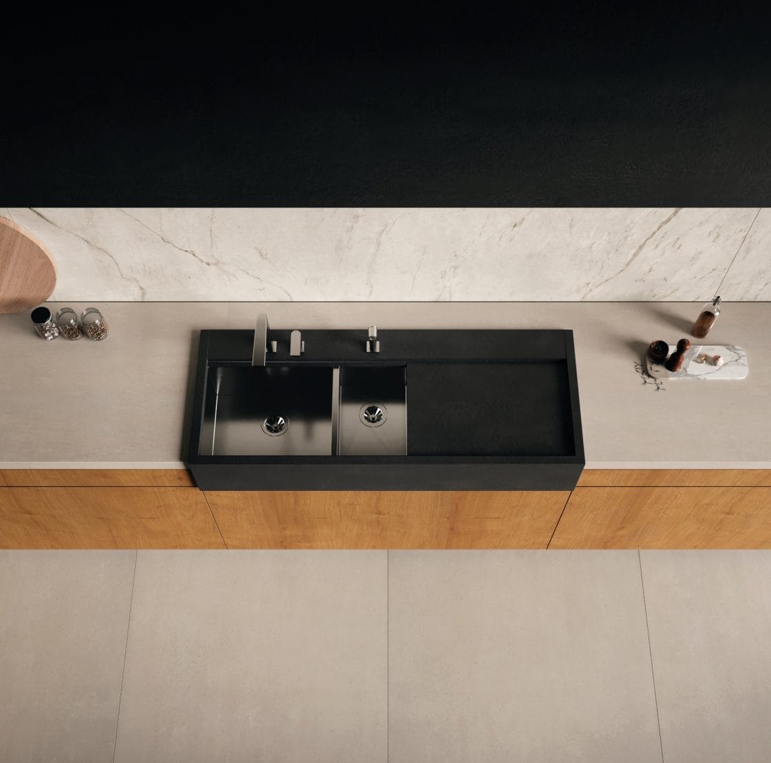 Cozinha com cuba de porcelanato se torna mais prática, já que suporta altas temperaturas (Projeto: Portobello)