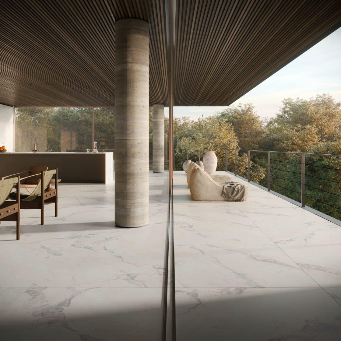 Área externa com porcelanato calacata (Projeto: Portobello)