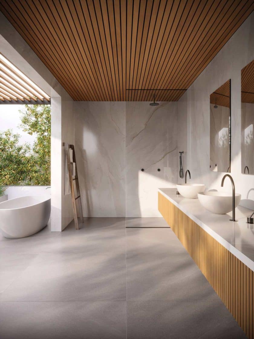 Piso de banheiro revestido com porcelanato natural Ms. Barcelona Antracita (Projeto: Portobello)