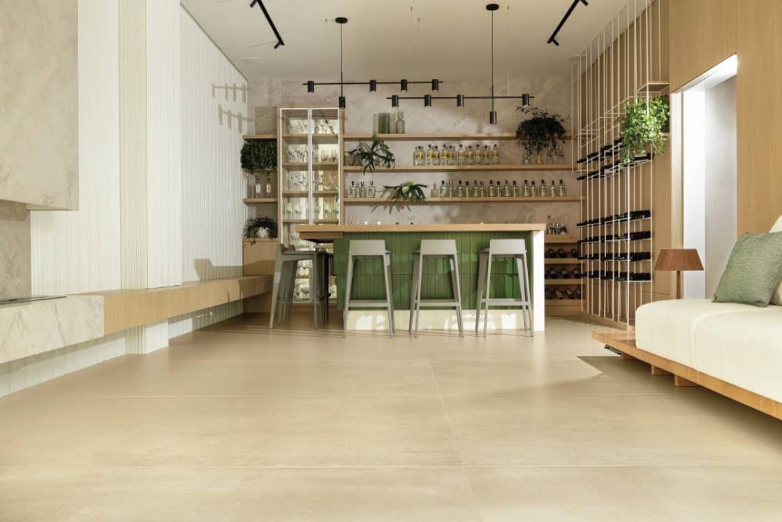 Piso revestido com Oh!take Home 120x270 cm com acabamento natural retificado (Projeto: Estela Cislaghi Arquitetura e Design / Foto: Felipe Araújo)