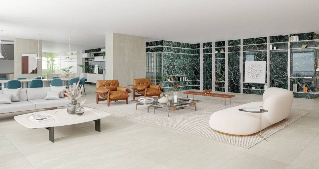 Sala de estar decorada com mesas, cadeiras, sofás e piso de porcelanato