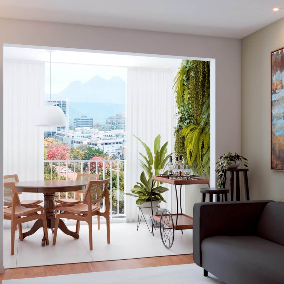 Sala de casa ao lado da varanda decorado com plantas e piso laminado