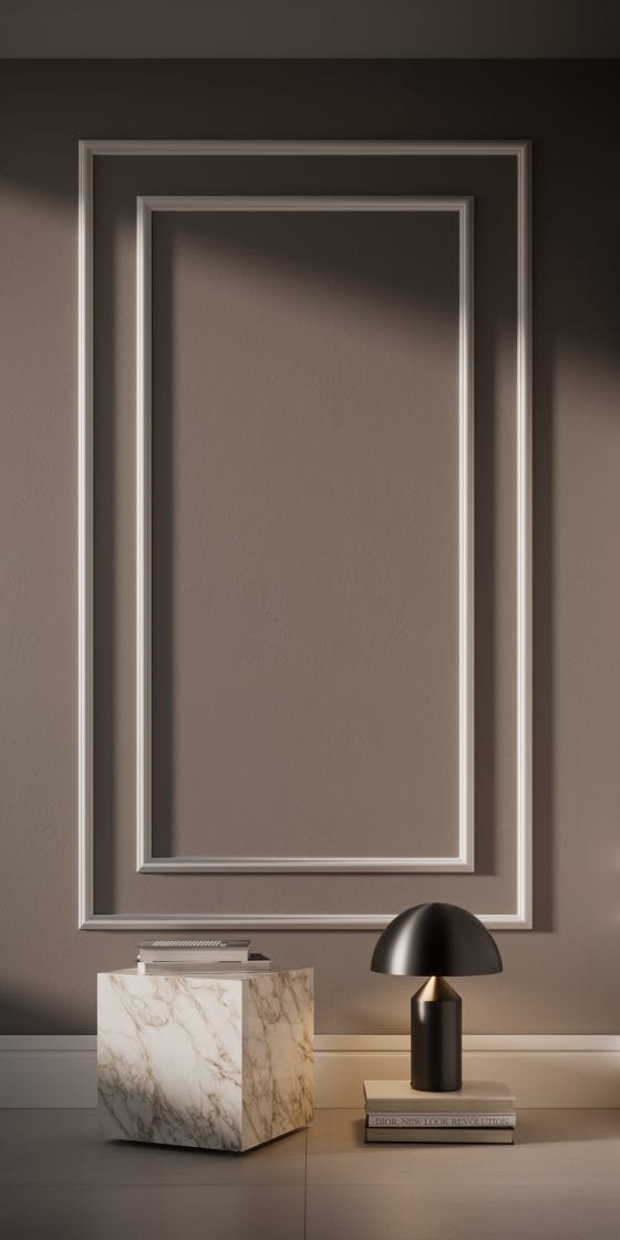 Boiserie feito com rodameio combina com rodapé de poliestireno.