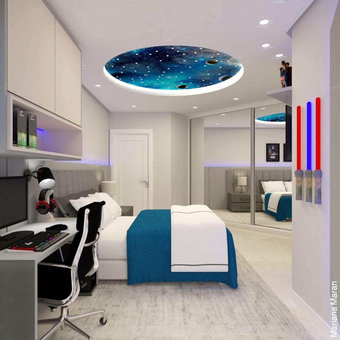 Embora as cores fortes sejam marcantes na decoração gamer, você também pode montar um ambiente neutro, especialmente nos quartos (Projeto: Mariana Maran)