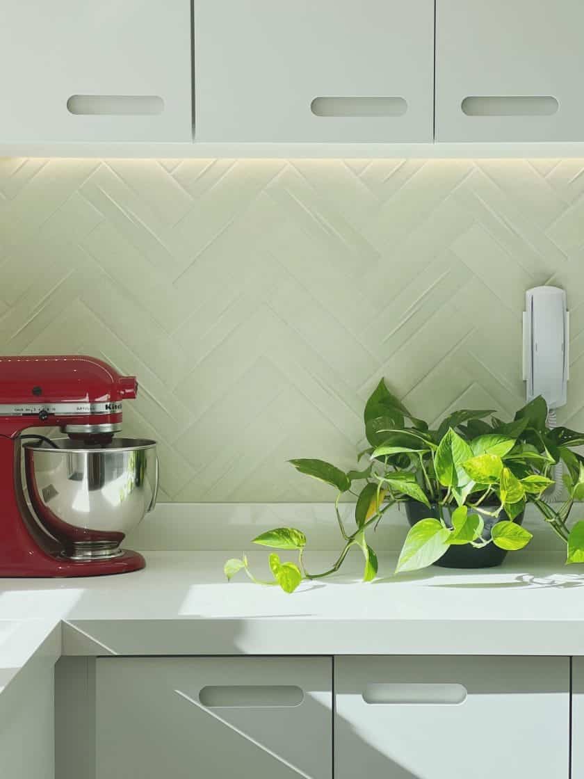 A planta jiboia é resistente, bonita e possibilita composições em bancadas com outros elementos de decoração (Projeto: Studio Oh Interiores)