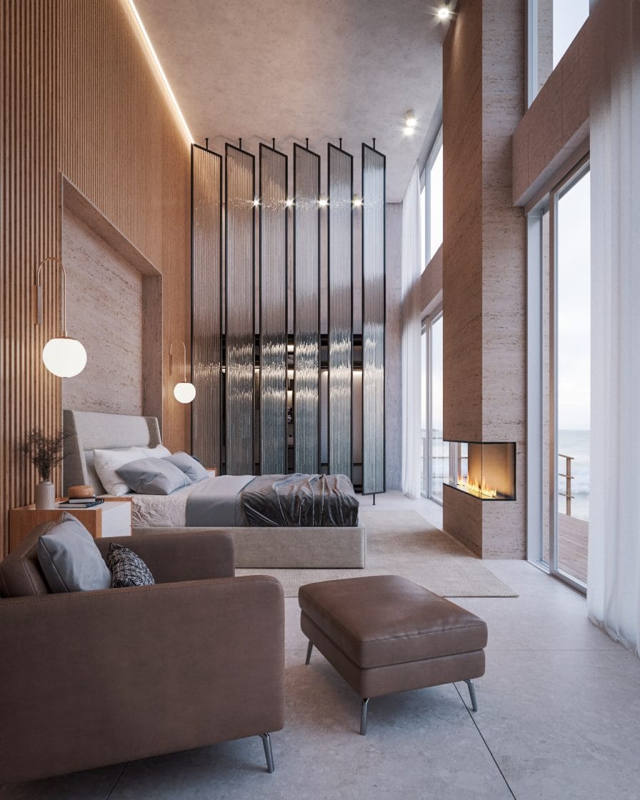 Quarto de casal amplo e moderno, com tons neutros e muitos revestimentos (Projeto: Anderson Alves)