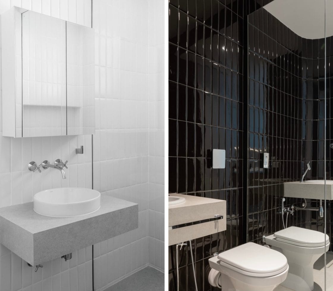 Nos banheiros, revestimentos Liverpool da Portobello, em branco e preto, ganharam paginação vertical (Projeto: Tadu Arquitetura / Fotos: Felipe Araújo / Portobello)