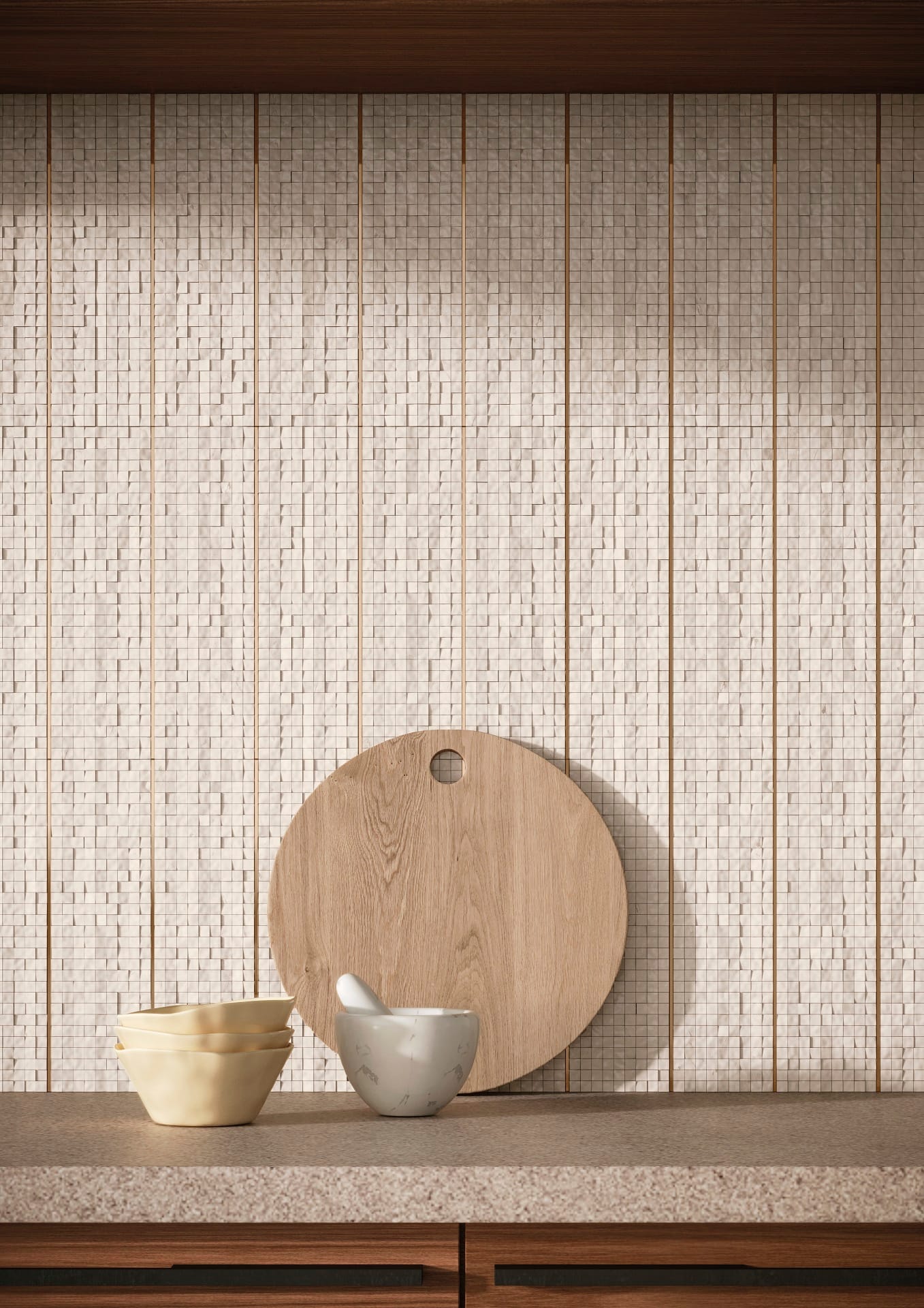 Diferentes opções de Senza Tempo podem ser usadas para personalizar paredes com mosaicos (Projeto: Portobello)