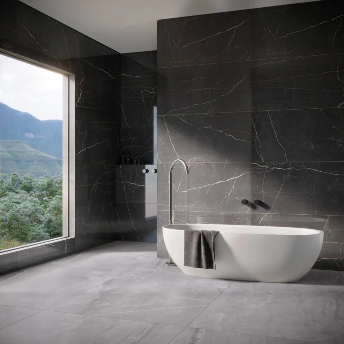 Os espaços podem ficar ainda mais charmosos com o porcelanato marmorizado cinza (Projeto: Portobello)