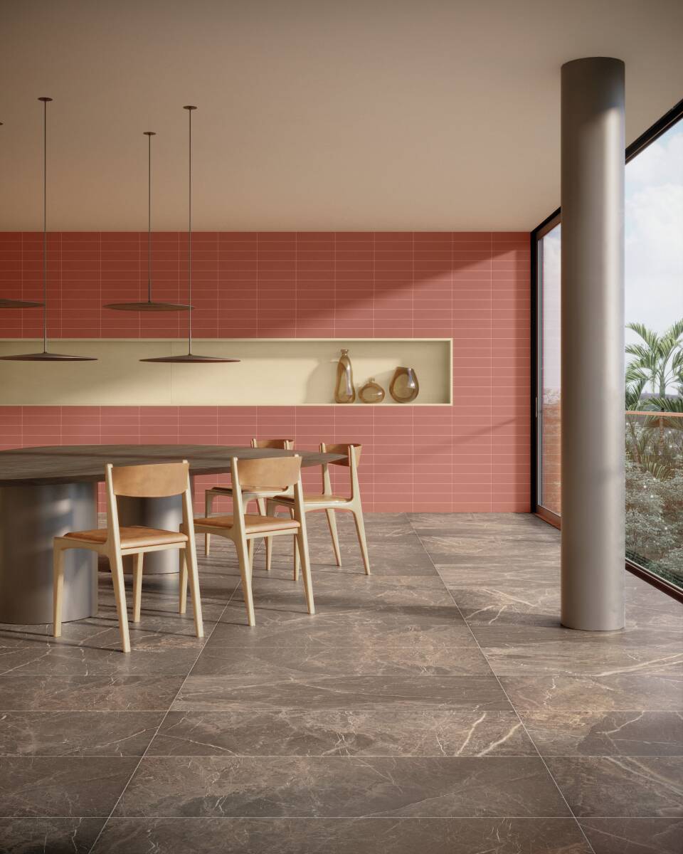 Além de tonalidades neutras, como branco e bege, porcelanato marrom também combina com tons terrosos (Projeto: Portobello)