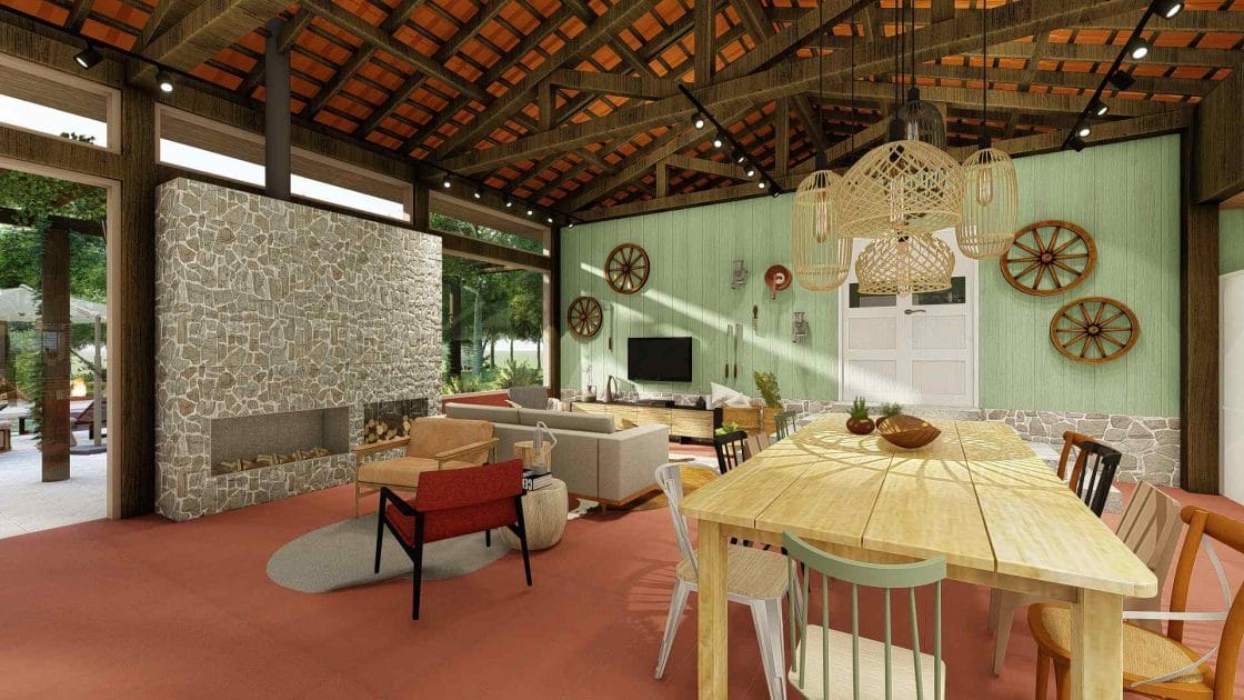 Projeto de decoração que resgata a memória afetiva de um antigo terreiro de secagem de café (Projeto: Coelho Neto Arquitetura e Execuções).