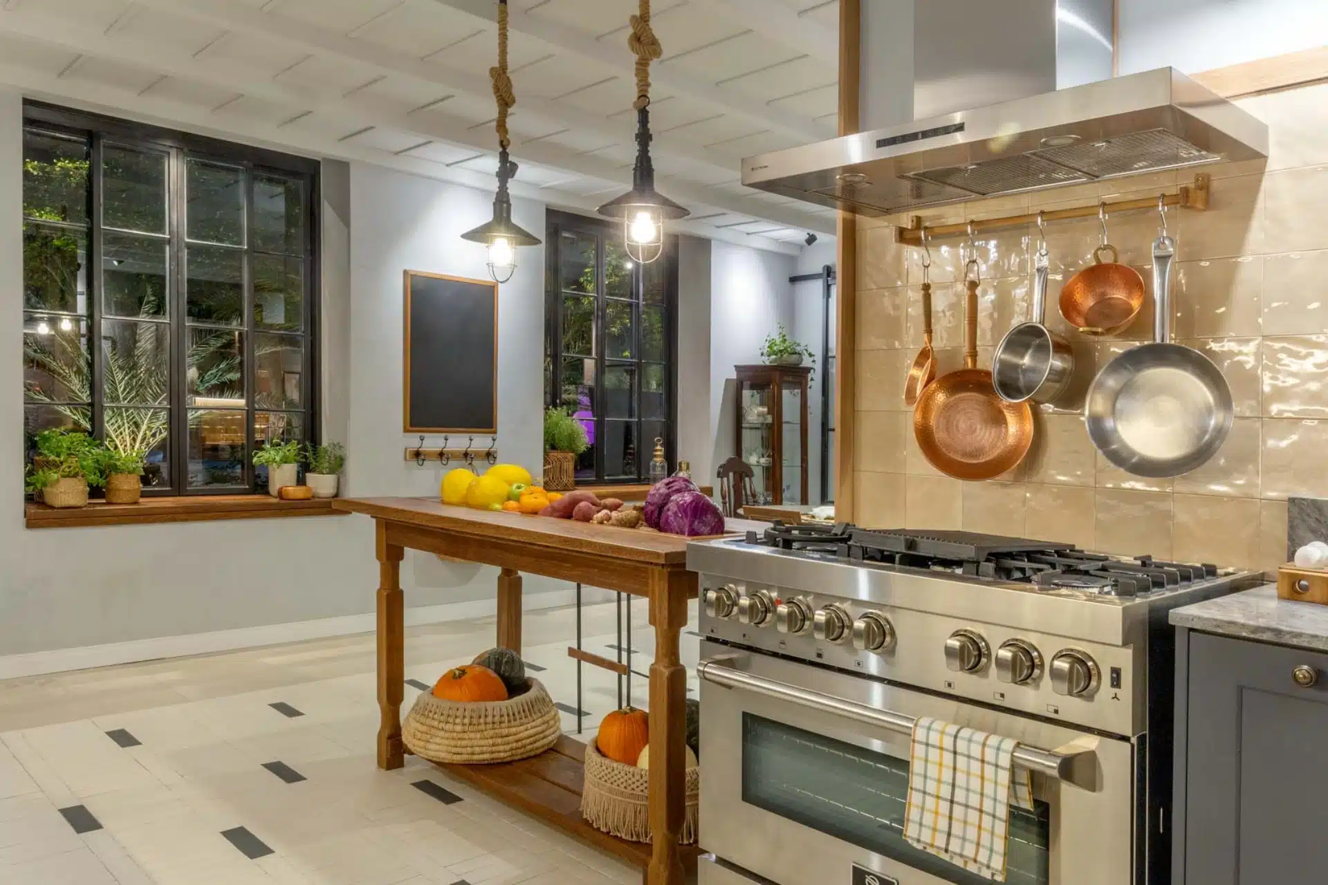 Cozinha com fogão e bancada de madeira, lembrando arquitetura do passado.