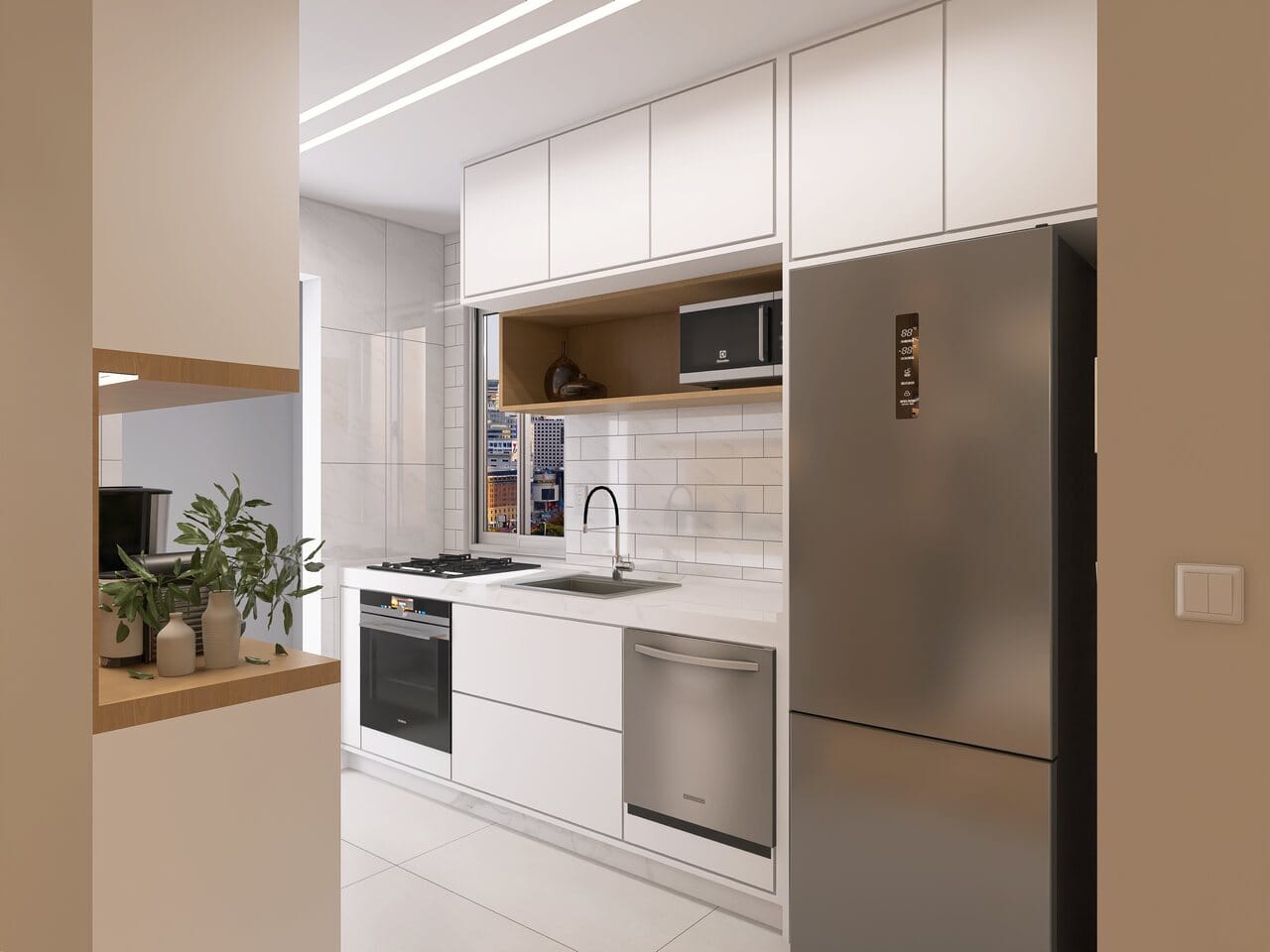 Cozinha com armários brancos