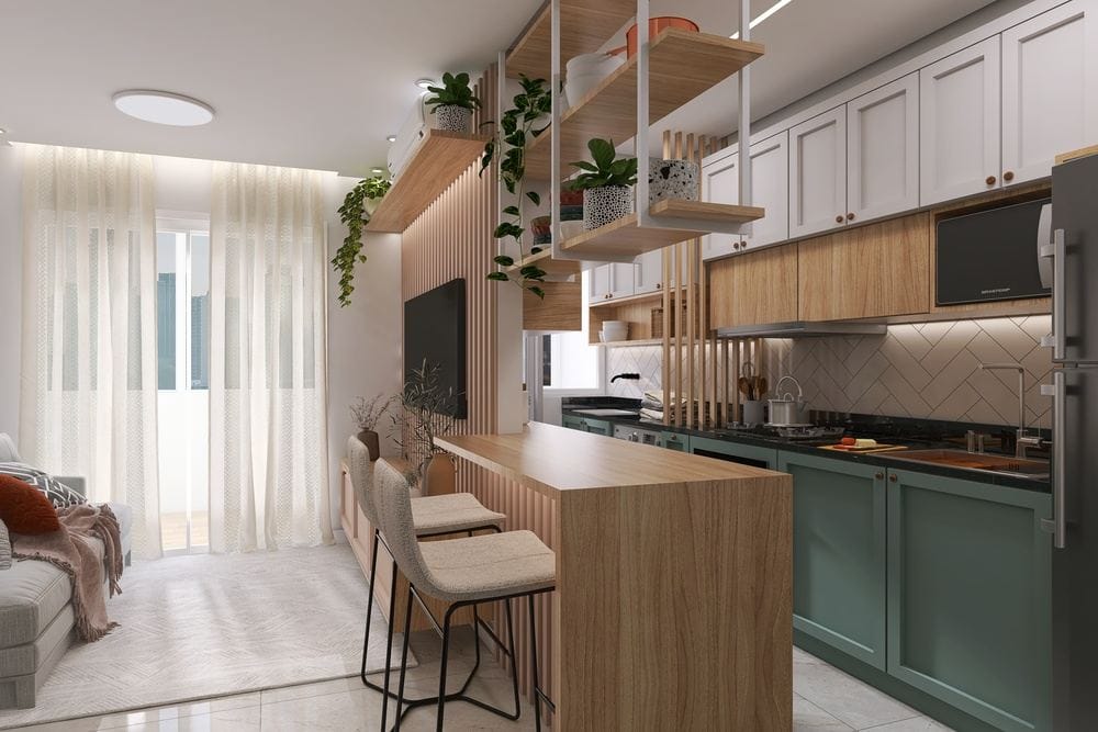 Imagem de um layout linear de cozinha americana.