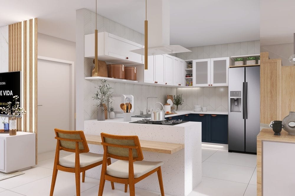 Imagem de um layout de península de cozinha americana.