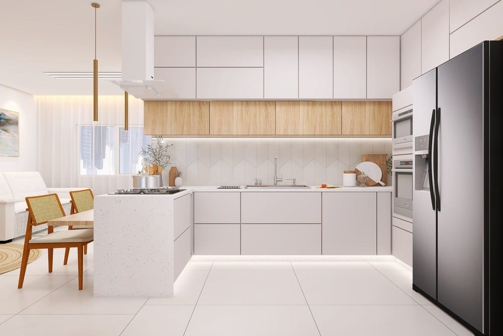 Imagem mostrando uma cozinha americana em península.