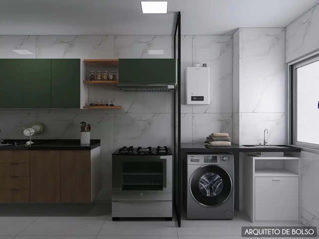 Imagem de uma cozinha compacta com decoração moderna e funcional.