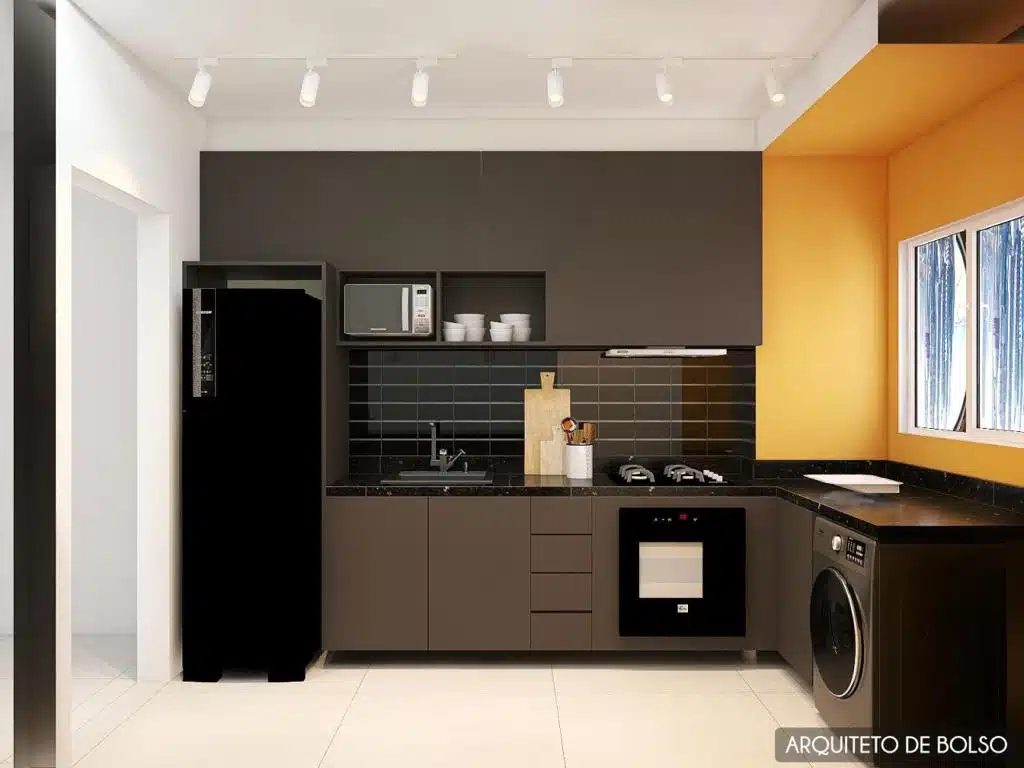 Design de uma cozinha compacta com bancada e cadeiras.