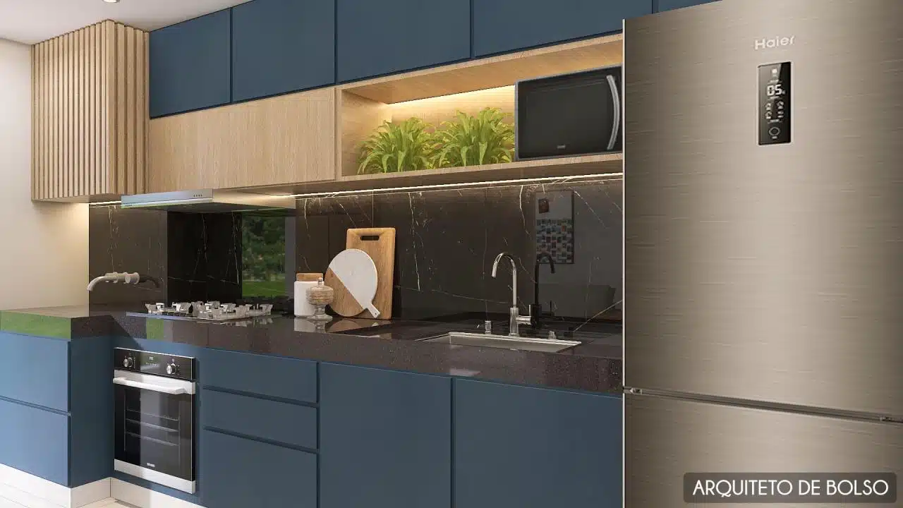 Cozinha compacta que maximiza o espaço utilize espaço vertical.