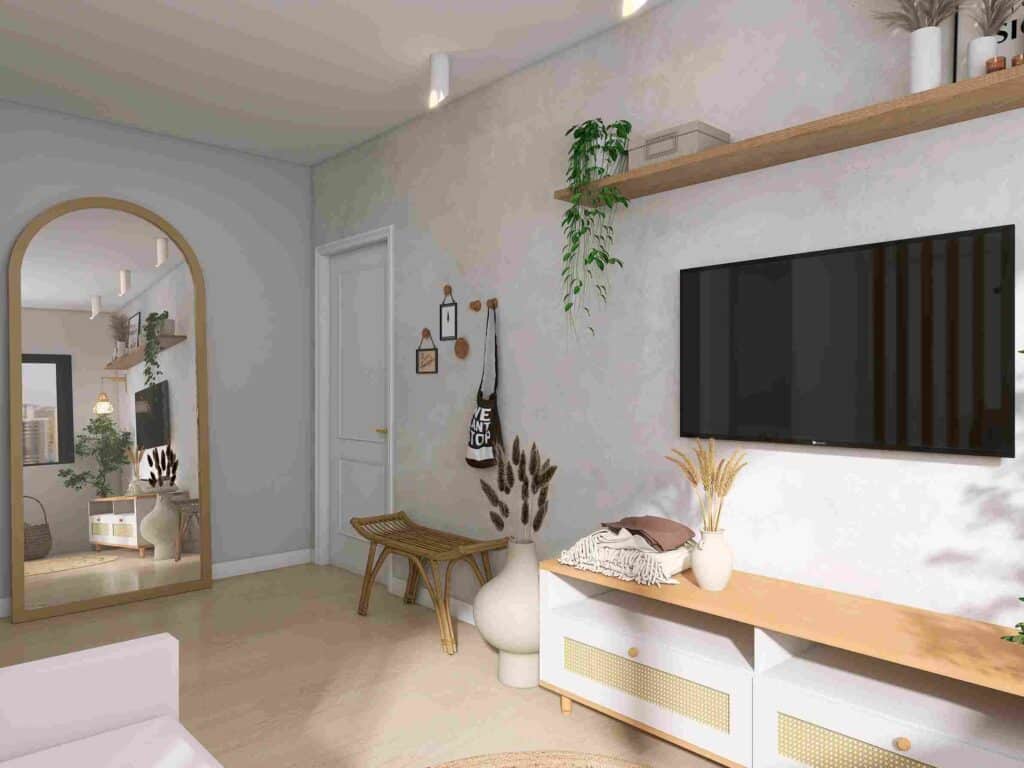 Espelho grande na sala, refletindo o ambiente externo