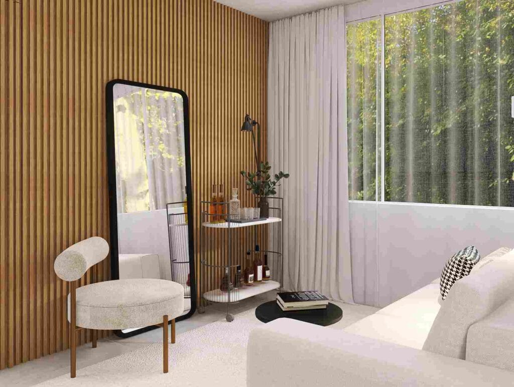 Espelho na decoração da sala, posicionado à altura dos olhos