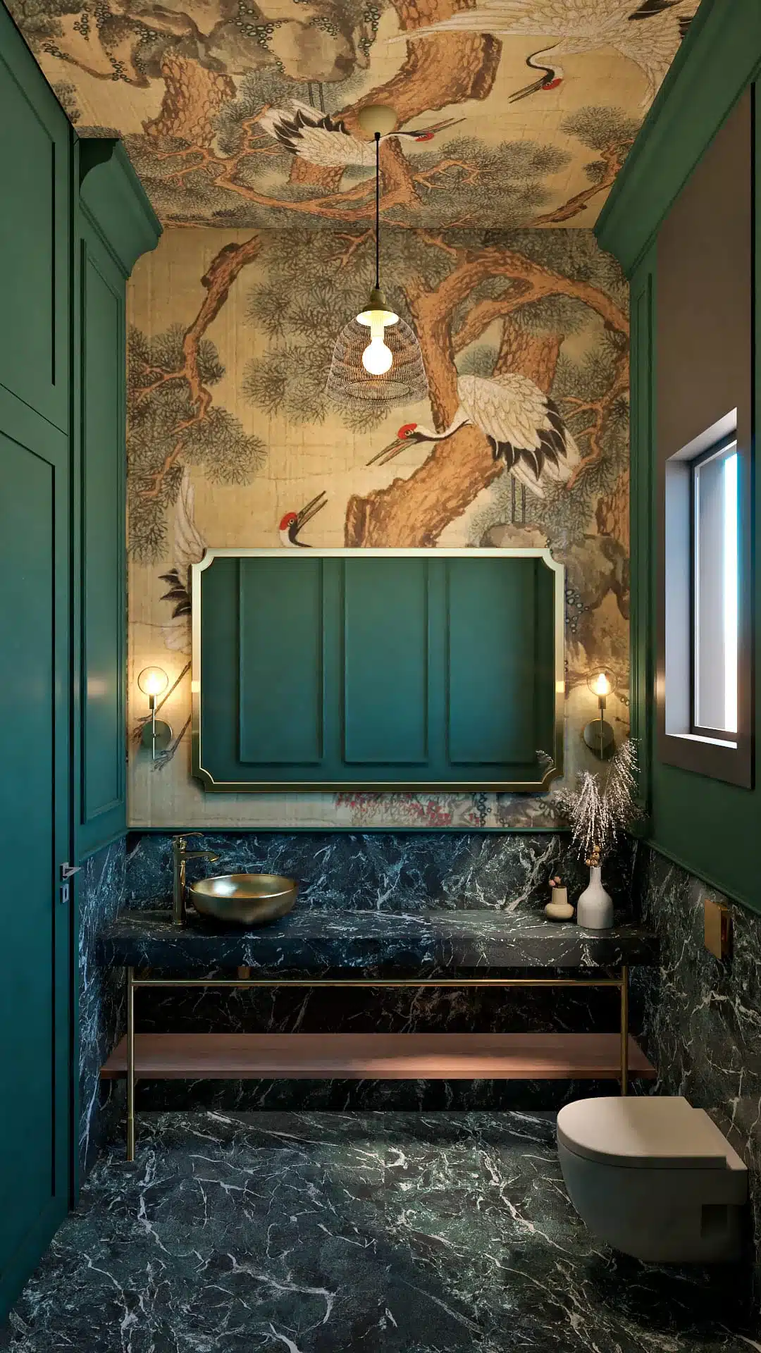 Porcelanato que reproduz mármore verde é um dos destaques do ambiente (Projeto: Cali Arquitetura)
