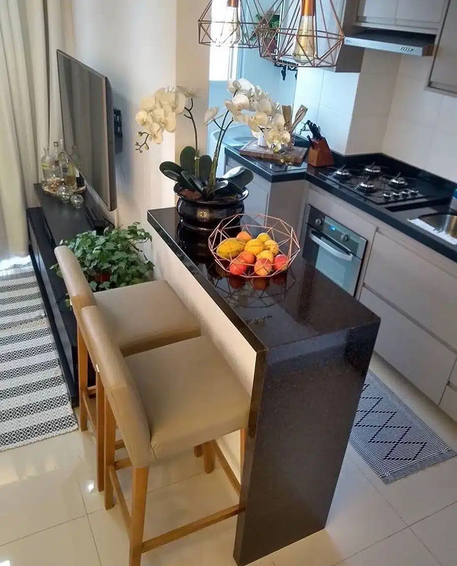 Sala e cozinha conjugadas, bancada