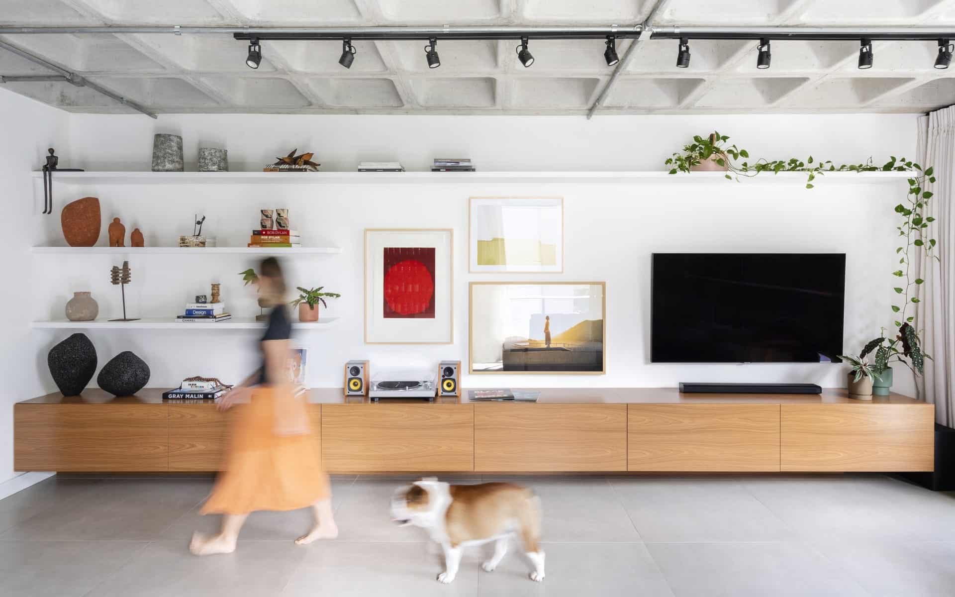Sala de estar com estante, quadros na parede, TV e um rack em madeira. Uma mulher e um cachorro passam à frente.